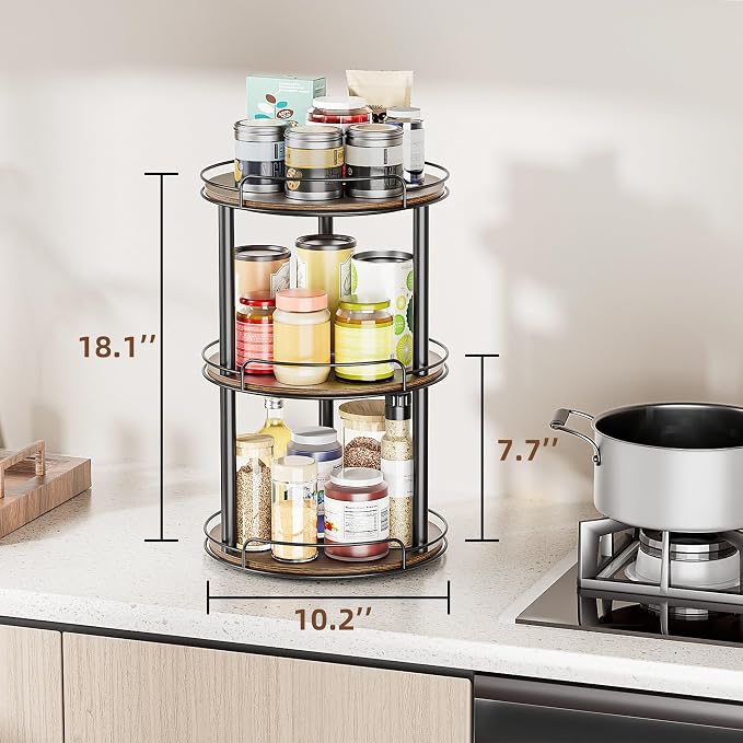 LAMU 10'' Wood Lazy Susan Turntable Organizer for Cabinet, 3 Tier Lazy Susan Spice Rack Organizer for Kitchen, Wood Turntable for Table Top, Countertop, Pantry, Bathroom - Image 3