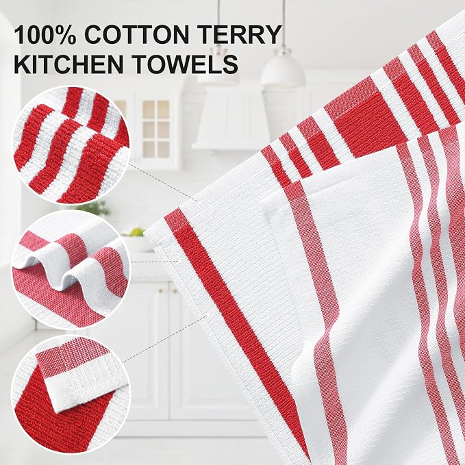 Homaxy Premium Cotton Stripe Kitchen Towels 8 Pack, 18"x 28", Red | Large 380 GSM Kitchen Hand Towels, Soft Terry Dish Towels, Highly Absorbent Tea Towel Set with Hanging Loop - Image 2