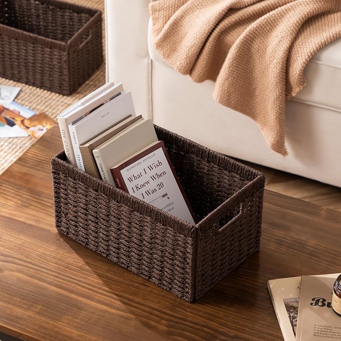 UBBCARE 3 Pack Wicker Basket, 13.4L×8.3H×7.1W inch Woven Paper Rope Storage Baskets for Shelves, Foldable Rectangular Storage Baskets with Handle, Storage Basket for Organizing, Dark Brown - Image 5
