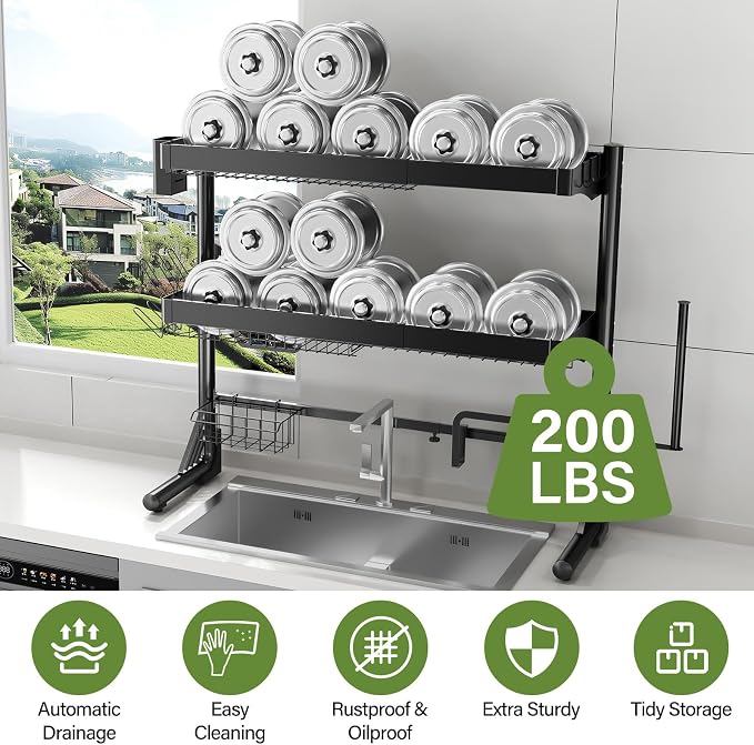 Over Sink Dish Drying Rack, 3-Tier Full Stainless Steel Drainer Dish Rack Adjustable 20.9''-37.4'', Expandable Multifunctional Kitchen Organizer - Image 7