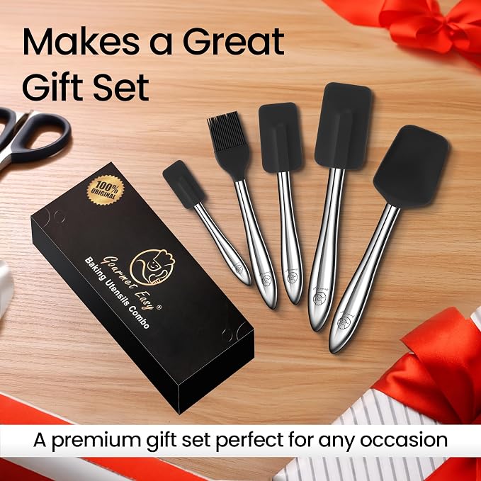 Gourmet Easy 5pcs Silicone Spatula Set with Stainless Steel Handles - Black | Heat-Resistant Silicone Protects Nonstick Cookware, Ergonomic Handles Offer Firm Control, Dishwasher Safe, 5-Year Warranty - Image 7
