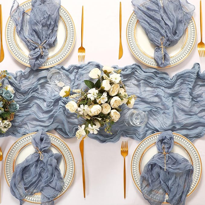 Pcs Cheesecloth Napkins and Table Runners Set, 10 ft Cheese Cloth Table Runners Boho Wedding Decor Rustic Wrinkled Gauze Napkins for Wedding Birthday Party Baby Shower(Gray Blue,26) - Image 7