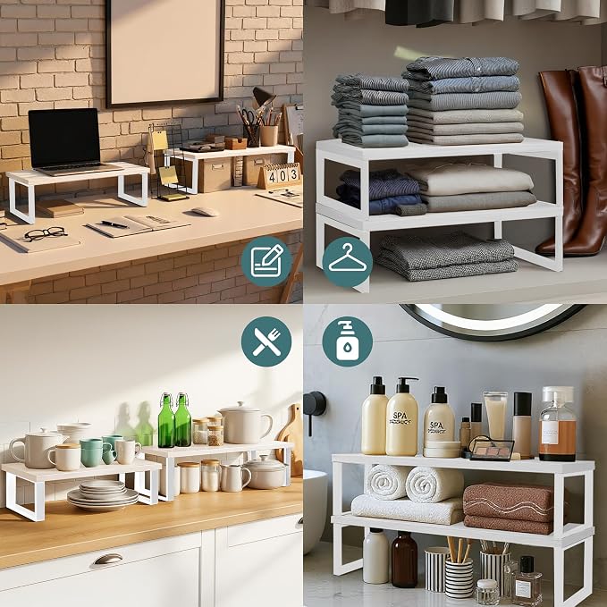 Sben Cabinet Organizer Shelf, Set of 2 Kitchen Counter Shelves, Kitchen Storage, Spice Rack, Stackable, Expandable, Metal and Engineered Wood, White - Image 7