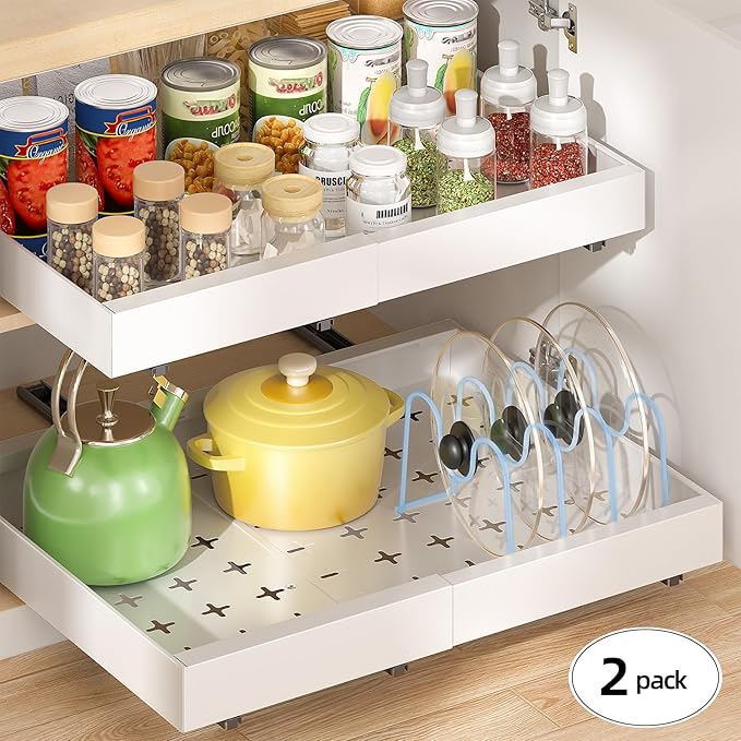 Delamu 16" Deep Pull Out Cabinet Organizer with 6 Dividers, Expandable (11.7 "-20" W) Pull Out Drawers for Cabinets, Cabinet Trays Pull Out for Cabinets in Kitchen, Pantry or Bathroom, White, 2 Pack - Image 6