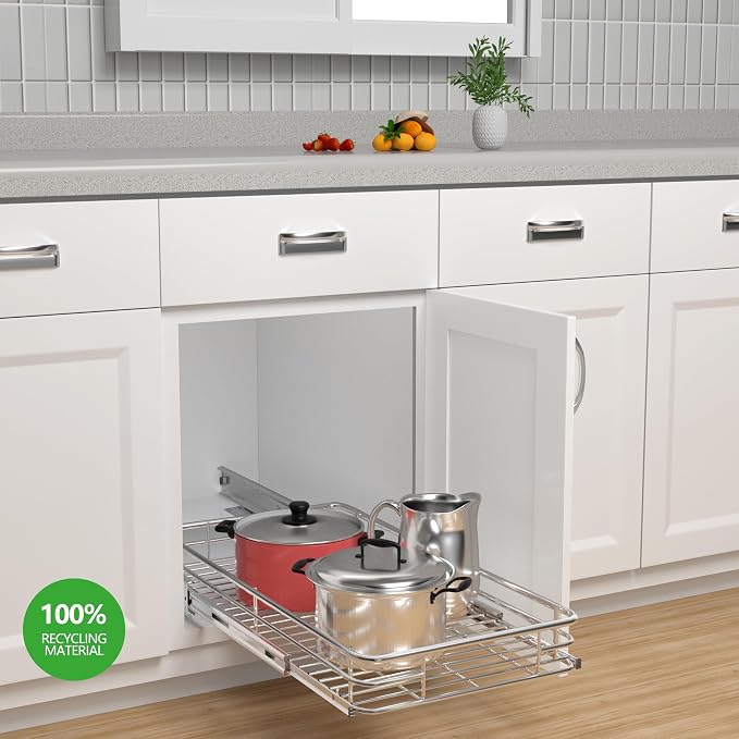 Cabinet Pull Out Shelves 14" W x 21" D, Chrome-Plated Steel | Heavy-Gauge Wire Kitchen Cabinet Organizer, 100 lbs Capacity, Ball-Bearing Glides, Min 15" Opening, Under Sink Organizer - Image 2