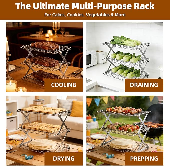 5 Tier Collapsible Cooling Rack Sourdough Cooling Rack 17"x10" | Cooling Racks for Cooking and Baking, Roasting, Grilling, Adjustable 6 Setting Design stackable, Oven & Dishwasher Safe - Image 6