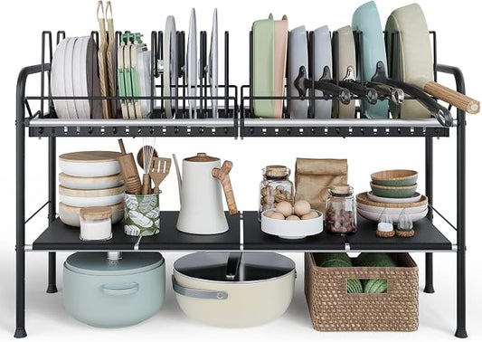 Expandable Under Sink Organizer，Pot and pan Organizer Under Cabinet | Pan Lid Organizer,Expandable Storage shelf with 2 Pan Racks（14 Dividers）and 4 Removable Panels,Adjustable partition height by NETELOfficial