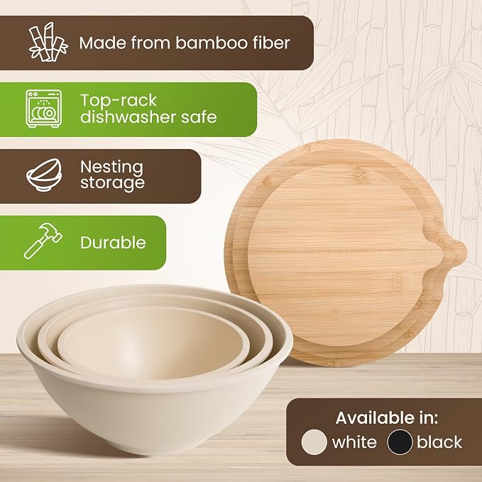 Bamboo Eco Salad Bowl Set - Set of 3 Salad Bowls Large with Seal Lid & Serving Utensils - Bamboo Fiber Bowl Set Perfect for Mixing, Serving, and Storage - Cream White - Image 3