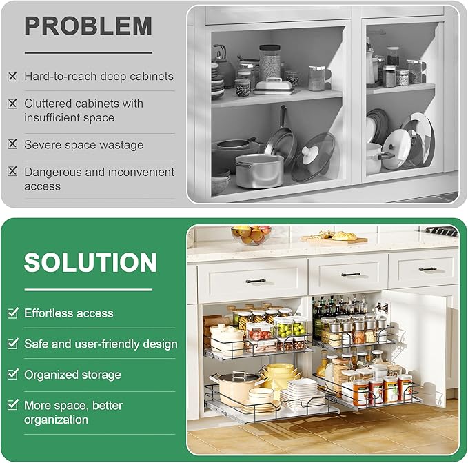 2-Tier Pull Out Cabinet Organizer (8" W x 22" D) | Soft Close Cabinet Slide Out Shelves, Heavy Duty Slide Out Drawers with Shelf Liner for Kitchen Cabinets, Pantry, Bathroom - Image 4