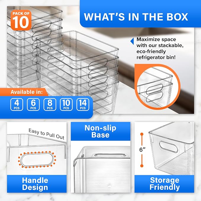Lifemaster Stackable Refrigerator Bins - Set of 10 Large Capacity Organizers with Easy Grip Handles - Clear and Versatile for Kitchen Storage - Image 3