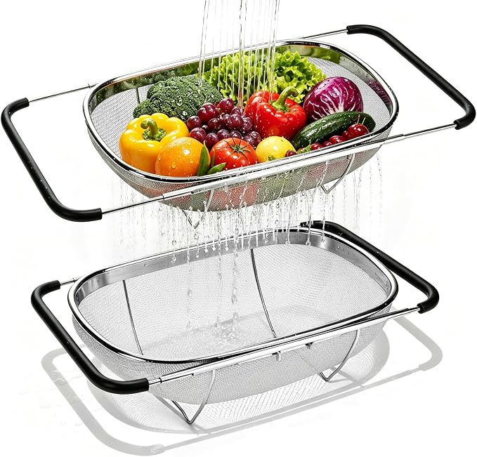 Palksky Over the Sink Colander, Stainless Steel Fine Mesh, 6 Quart 2 Pack | Expandable handles fit most sinks; fine mesh drains pasta, rice & produce by Palksky