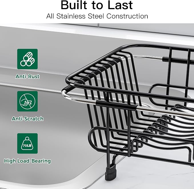 JASIWAY Black Dish Drying Rack in Sink with Utensil Holder, RV, Apartment | Over Sink Expandable Stainless Steel Dish Drainers for Compact Kitchen, Space Saving, Fast Drain, Rustproof, For 1-2 people - Image 7
