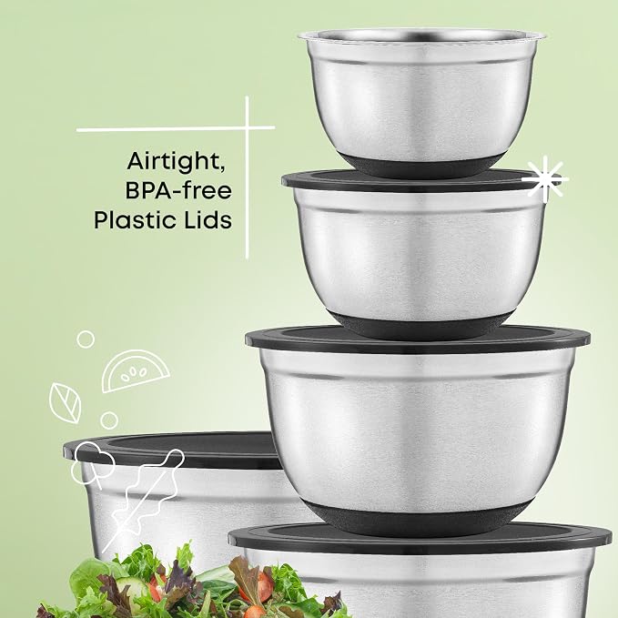 JoyJolt Stainless Steel Mixing Bowls with Airtight Lids, 7 Piece Nesting Bowls Set for Kitchen with Measurement Marks, Non-Slip Bottoms, Cooking, Baking, Prepping, Storage, 7/5/4/3/1.5/1/.75QT, Black - Image 4
