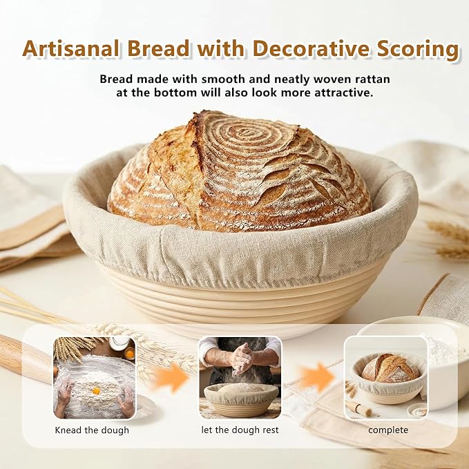 Banneton Bread Proofing Basket Set of 2, 9 inch Round | 4 Linen Liners, Rattan Banneton, for Sourdough Bread Baking, for Professionals and Home Bakers - Image 4