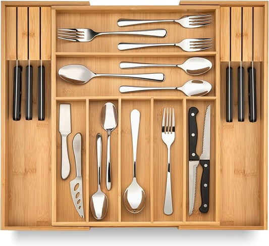 Purawood Bamboo Drawer Organizer with Knife Blocks - Silverware Organizer & Utensil Drawer Organizer, Cutlery Tray with Dividers, 7-9 Slots- Premium Kitchen Organizer for Utensils & Flatware (Natural) by PURAWOOD