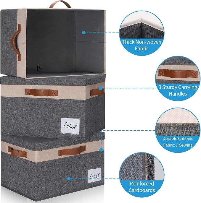 GhvyenntteS Large Storage Bins with Lids 6 Pack, Large Closet Storage Bin with Lid and 3 PU Handles, Foldable Fabric Storage Boxes with Label Window for Home Office (Beige, 15" x 11" x 9.7") - Image 4