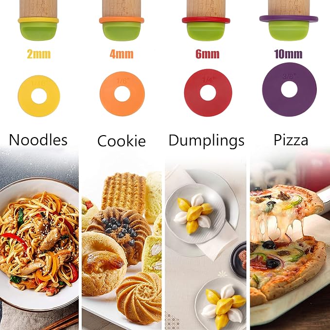 Rolling Pin with Thickness Rings,13.6''Dough Roller & Mat Fit Uniform Dough | Mepple Precision Wood Roller Rod with 4 MultiColor Measuring Rings for Fondant Cookie Pizza Pie Making At Home or Pro Bakers - Image 3