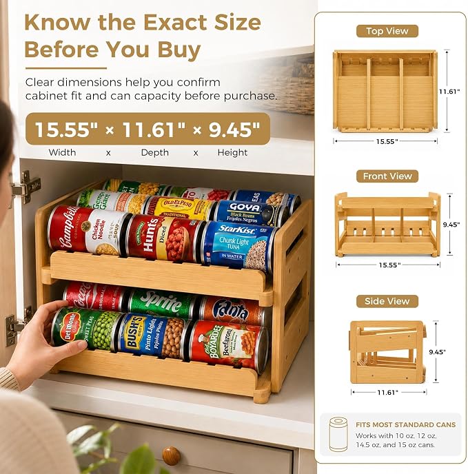 MinBoo Bamboo FIFO Can Organizer for Pantry, 24-Can Gravity Dispenser with Adjustable Dividers, Freestanding Wood Canned Food Storage Rack for Soup, Soda and Pet Food, 15.5" W x 11.6" D x 9.4" H - Image 4