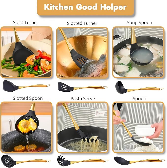 Silicone Cooking Utensils Set, 17pcs Kitchen Utensil Set with Rotatable Holder, Heat-Resistant Silicone Utensils for Cooking, Non-Stick Spatula Set with Stainless Steel Handle,Turner,Ladle (Gold) - Image 5