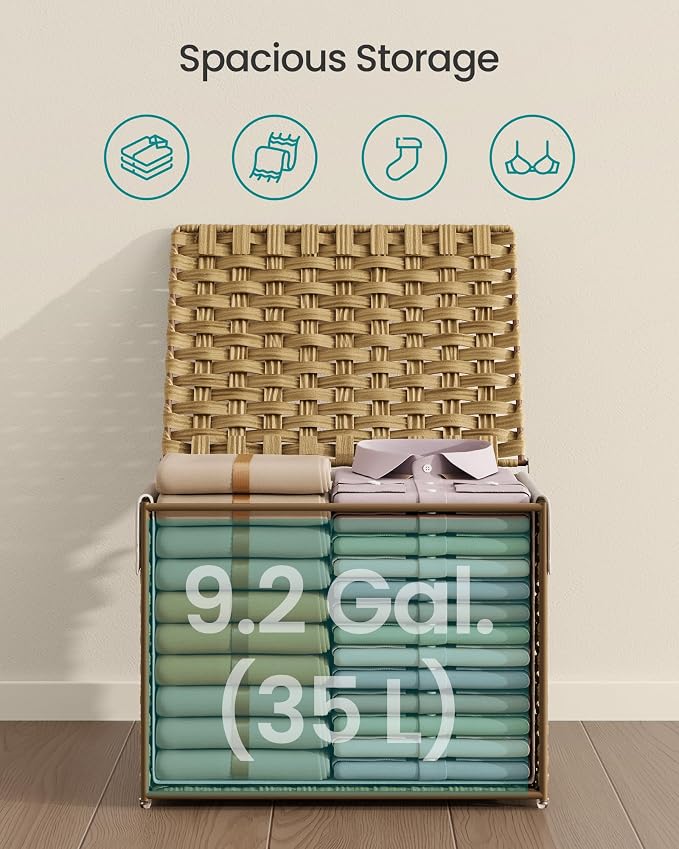 SONGMICS Storage Basket with Lid, Woven Blanket Storage Bin with Handles, Foldable, Removable Liner, Metal Frame, for Bedroom, Laundry Room, 9.2 Gallons (35 L), Natural URST040YE01 - Image 6