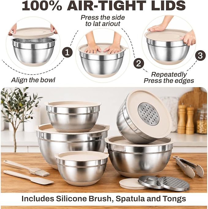 Four Flowers Heavy-Duty Mixing Bowls Set with airtight lids – 11 PCS Stainless Steel Nesting Kitchen Bowls, Mixing Bowls with Non-Slip Bottoms and Grater Attachment, Best for Mixing and Serving - Image 4