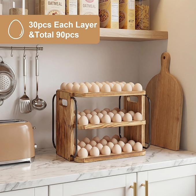 Wooden Egg Holder Countertop for Fresh Eggs with Handle | 3 layer, fresh egg holder countertop, stackable with 90 eggs for countertop to store chicken/duck/hand painted/easter egg - Image 5