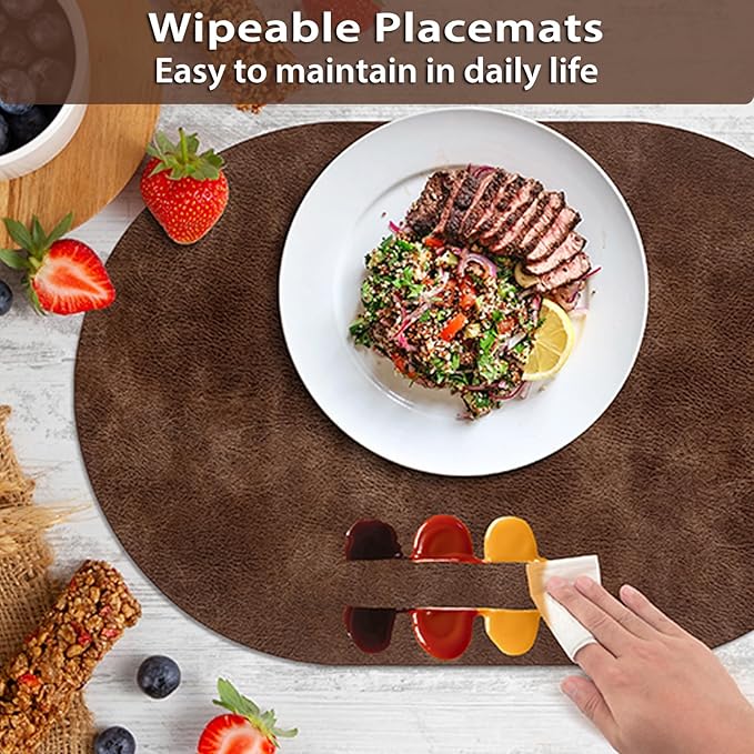 ADRIMER Placemats, Heat Resistant Oval Placemats Set of 4 Washable 12 x 17 Inch, Waterproof Table Mats, Wipeable Pu Place Mats for Kitchen, Dining Room, Brown - Image 5