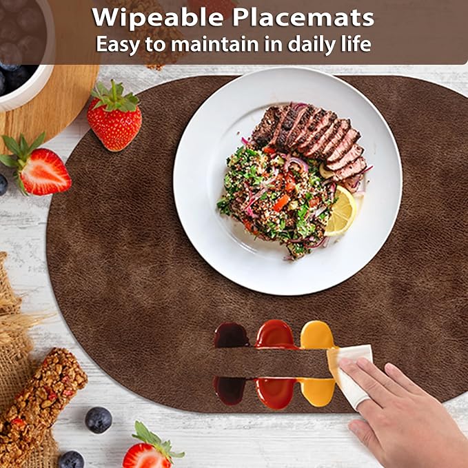 ADRIMER Placemats, Heat Resistant Oval Placemats Set of 6 Washable 12 x 17 Inch, Waterproof Table Mats, Wipeable Pu Place Mats for Kitchen, Dining Room, Brown - Image 5