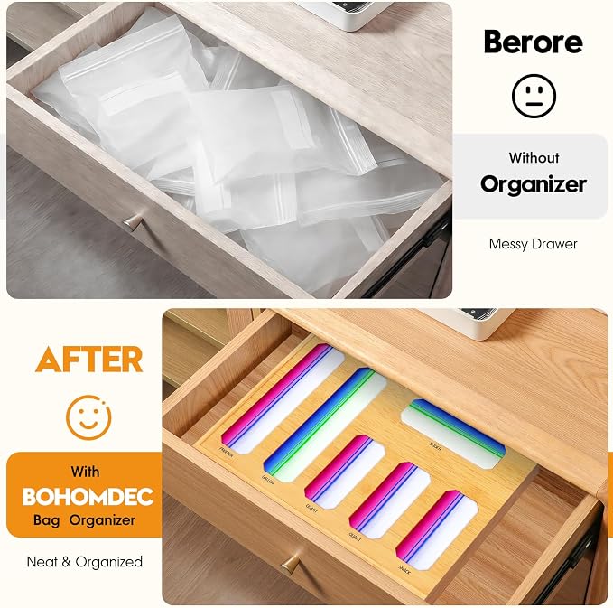 Bamboo Ziplock Bag Organizer for Kitchen Drawer & Wall Mount, Food Storage Baggie Holder, Fits Gallon Quart Sandwich Snack Freezer & Slider Bags, No Assembly, 6 in 1,Natural Color - Image 2