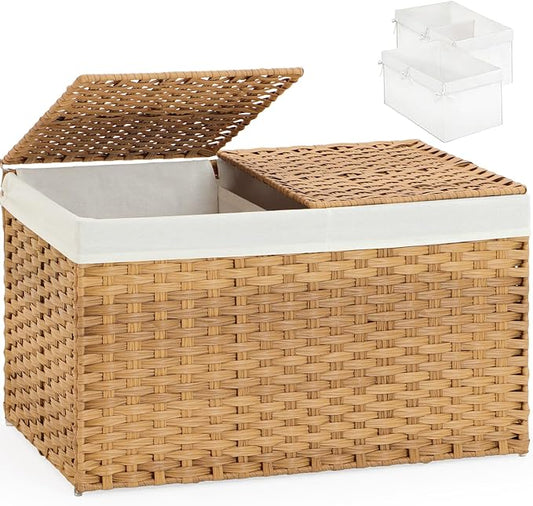 SETVSON Storage Basket with Lid, 2-Lid PE Rattan Storage Bin, Natural | 105L Storage Bin with 2 Separate Lids, 2 Removable Liners for Clothes & Blankets, Sturdy Metal Frame, PE Rattan by SETVSON