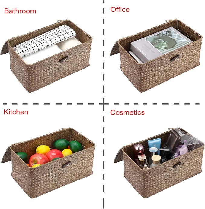Hipiwe Wicker Shelf Baskets Storage Bin with Lid Handwoven Seagrass Basket | Rectangular Household Basket Boxes for Shelf Wardrobe Home Organizer, Coffee Medium - Image 5