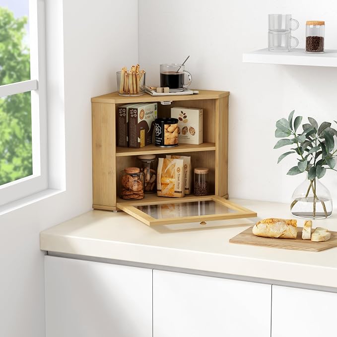 Goozii Bamboo Corner Bread Box for Kitchen Counter, 2 Tier Bread Keeper Wooden Round, Farmhouse Bread Storage Bin for Kitchen Countertop, Counter Organizer for Bread, Cup, Fruit, Spice, Snack - Image 3