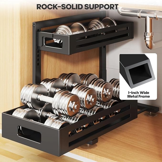 2 Pack 17IN-Depth Under Sink Organizer,Pull Out Cabinet Organizer With Smooth Cylindrical Rail,Metal Slide Out Drawer for Kitchen Bathroom Laundry,8-Level Tool Free Height Adjustable-Black - Image 5