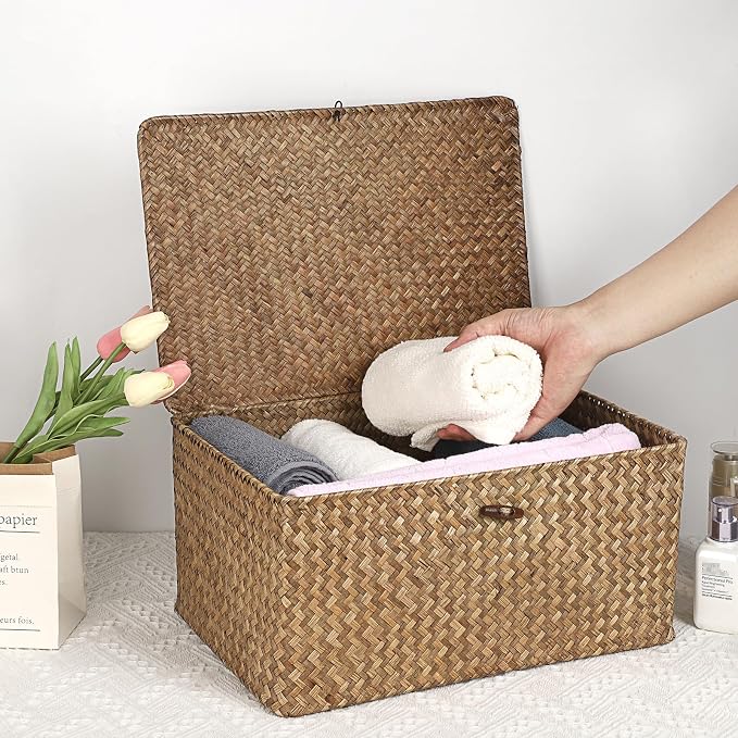 Hipiwe Wicker Shelf Baskets Bin with Lid Woven Storage Box, Coffee X-Large | Handmade Seagrass Basket Storage Bins Rectangular Household Basket Boxes for Shelf Wardrobe Home Organizer - Image 3