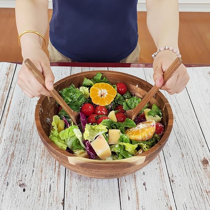JOYMAY Salad Bowls Wood Salad Bowl Set with Lid 11.8 Inch Large Wooden Bowls Set Acacia Wood Serving-Bowl with Serving Utensils Bowl for Kitchen, Dining, Party - Image 7