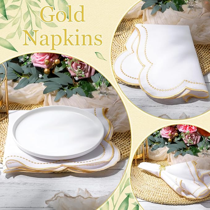 Hahafelt 6 Set Cloth Napkins 18x18inches Scalloped Embroidery Cloth Napkins Washable Polyester Table Dinner for Hotel Restaurant Weddings Events Parties (Gold) - Image 3