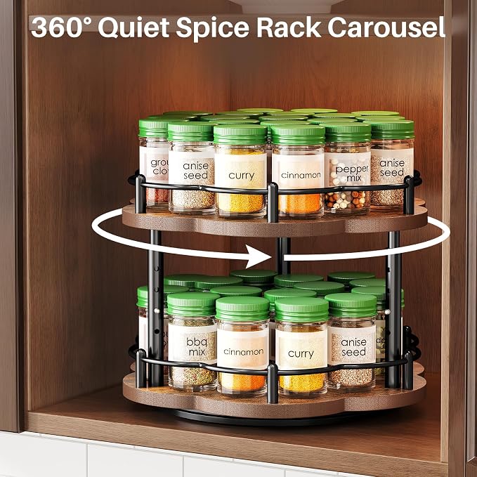 Spice Rack Lazy Susan Organizer for Cabinet, Rotating Spice Organization 2 Tier Adjustable Lazy Susan Turntable Spice Cabinet Organizer for Kitchen Countertop & Pantry, Wood 10 Inch Seasoning Storage - Image 3