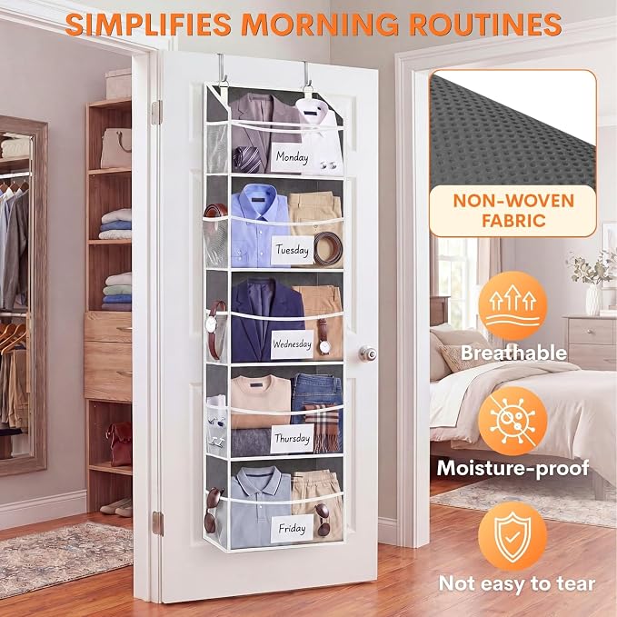 5Tiers Over Door Organizer, Weekly Clothes Organizer for Kids | 5 clear PVC front pockets, 10 mesh side pockets, weekly outfit planner, for kids, dorm, entryway, RV, 50 lbs capacity - Image 5