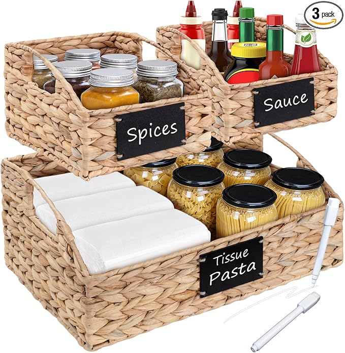 Hand-Woven Pantry Baskets for Organizing, Large Wicker Storage Baskets for Shelves with Labels, 2 Chalk Markers & Handles, 3 Pack Hyacinth Storage Bins for Pantry Kitchen Laundry Shelf by SEEKELEGANT