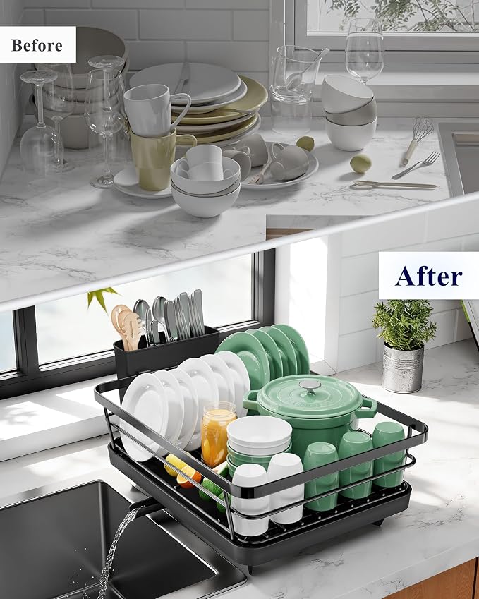 Kitsure Dish Drying Rack for Kitchen Counter, 12''W x 15.5''L, Black | Stainless Steel Sink Organization, Cutlery Holder, Home and Appartment Decor - Image 8
