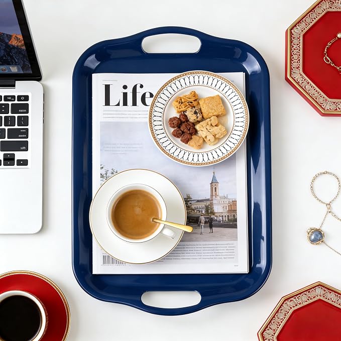 Extra Large Melamine Platters, Serving Tray with Handles for Cookie, Cupcakes, Desserts, Dishwasher Safe, Ottoman Tray Decor, Set of 2, 2 pcs Mats Included (Red&Blue, 21''x14'') - Image 4