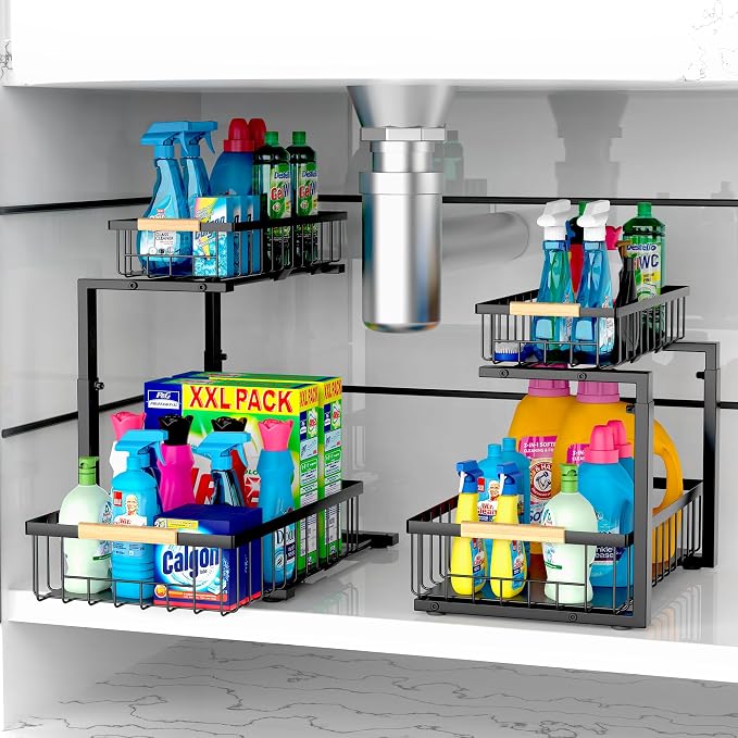 2 Pack Under Kitchen Sink Organizer, 2 Tier Pull Out Cabinet Organizer, Metal Under Sink Organizer, Sliding Drawer Organizer for Kitchen Bathroom Pantry Cabinet Closet by VENHOOUSE
