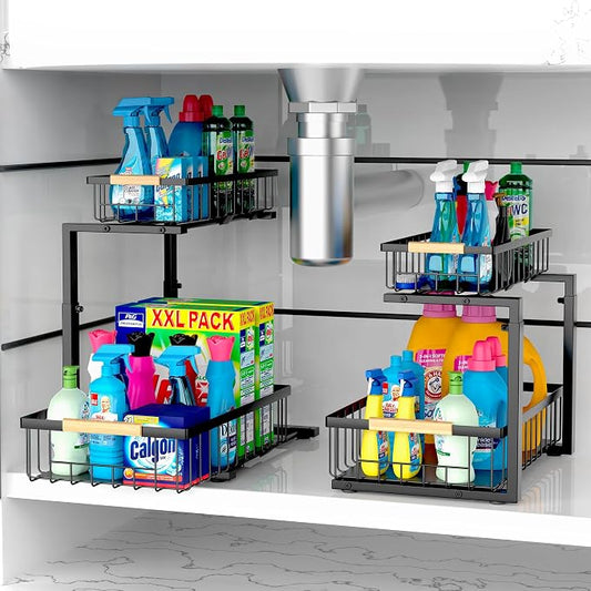 2 Pack Under Kitchen Sink Organizer, 2 Tier Pull Out Cabinet Organizer, Metal Under Sink Organizer, Sliding Drawer Organizer for Kitchen Bathroom Pantry Cabinet Closet by VENHOOUSE
