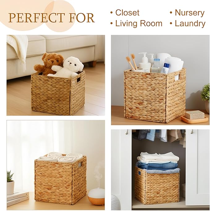 Jinei 12 Pcs Water Hyacinth Storage Baskets 11"x11"x11" Wood Color | Handwoven Wicker Bins with Handles, Wicker Cube Baskets Bulk for Shelves Organizer Laundry, Closet Bedroom - Image 6