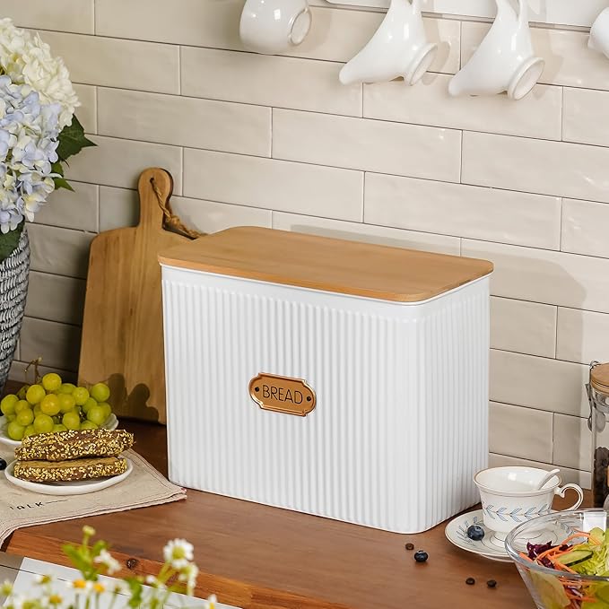 Extra Large Vertical Stripe Embossed Bread Box with Bamboo Lid | Corner Breadbox for Homemade Bread, White Metal Bread Storage Container Bin for Kitchen Countertop, Fits 2 Loaves of Bread - Image 2