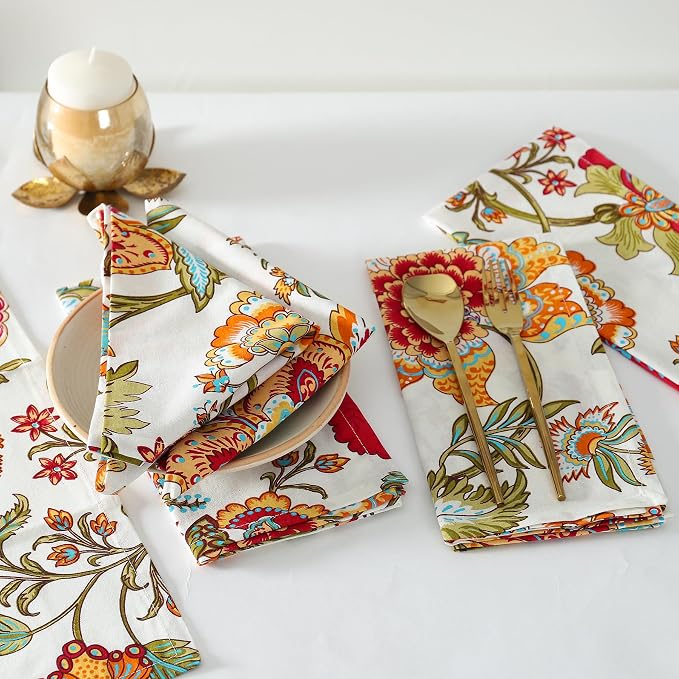 Napkins Fall Printed Cotton Cloth Napkin Reusable Boho Dinner Napkin Set Washable Dish Napkin for Gifts, Home Decor, Hotel, New Year Party - Kaveri - Set of 6, 20x20 Inches - Image 2