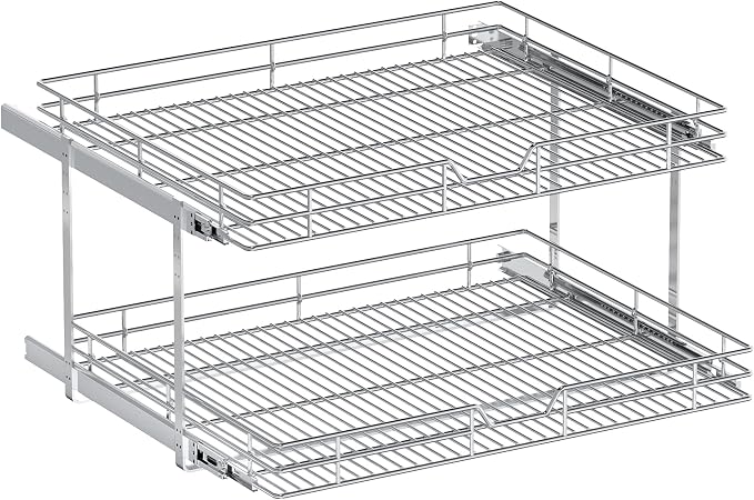 2-Tier Pull Out Cabinet Organizer, 28.5" W x 21.5" D, Heavy Duty Dual Slide Out Shelves for Wide Base Cabinets, Chrome Wire Basket Drawer for Pots, Pans, Pantry & Cleaning Supplies - Image 9