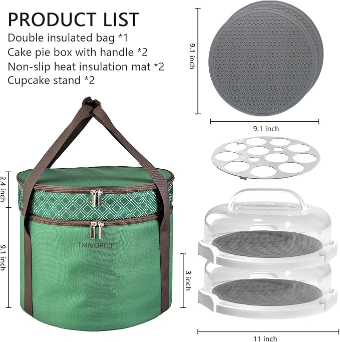 2 Pack Pie Carrier with Lids and Handles, Loadable Cupcake or Pizza Storage Containers, Includes Insulated Bags and Insulated Non-Slip Pads, Perfect for Transportation (Green) - Image 2