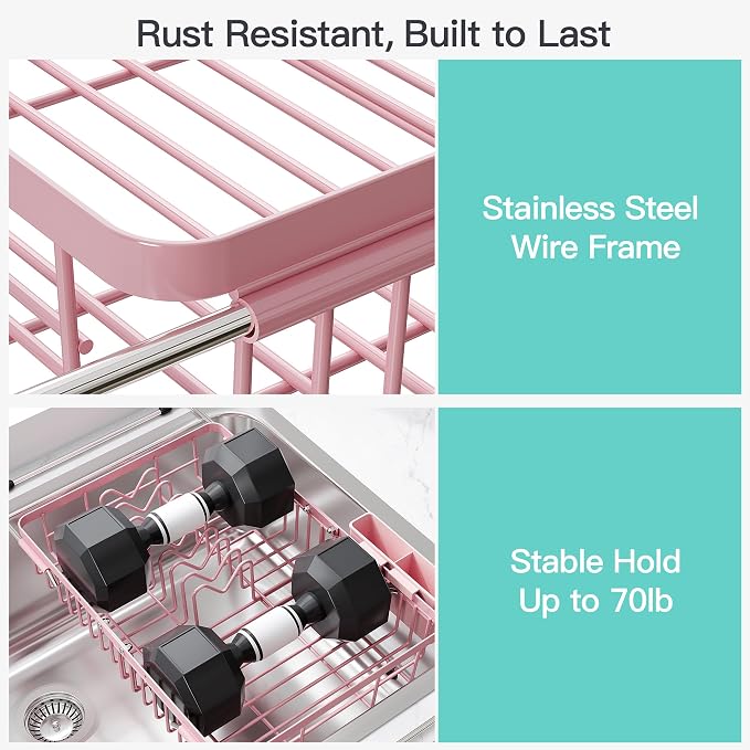 JASIWAY Pink Dish Drying Rack Over the Sink with Utensil Holder | Expandable Stainless Steel Dish Driainers for Small Kitchen, Counter Space Saving, Fast Drain, Rust Resistant, For Apartment - Image 5