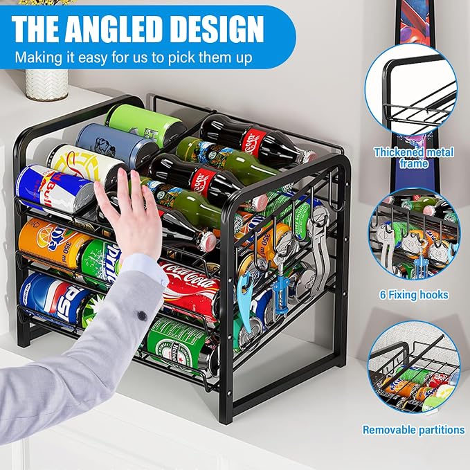 6-Tier Stackable Soda Can Rack Organizer for Pantry, Black, 2 Pack | Adjustable Can Dispenser Holds Up to 60 Cans, with 12 Hooks,Can Storage Holder for Various Ounces of Canned Food Soda Drinks - Image 8